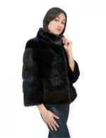 Short mahogany jacket in horizontal mink fur 42 sleeves 3/4 pistachio collar external pockets - Image 4