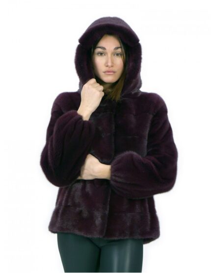 Pelliccia visone orizzontale 42 bordeaux con elastico sui polsi cappuccio tasche esterne
