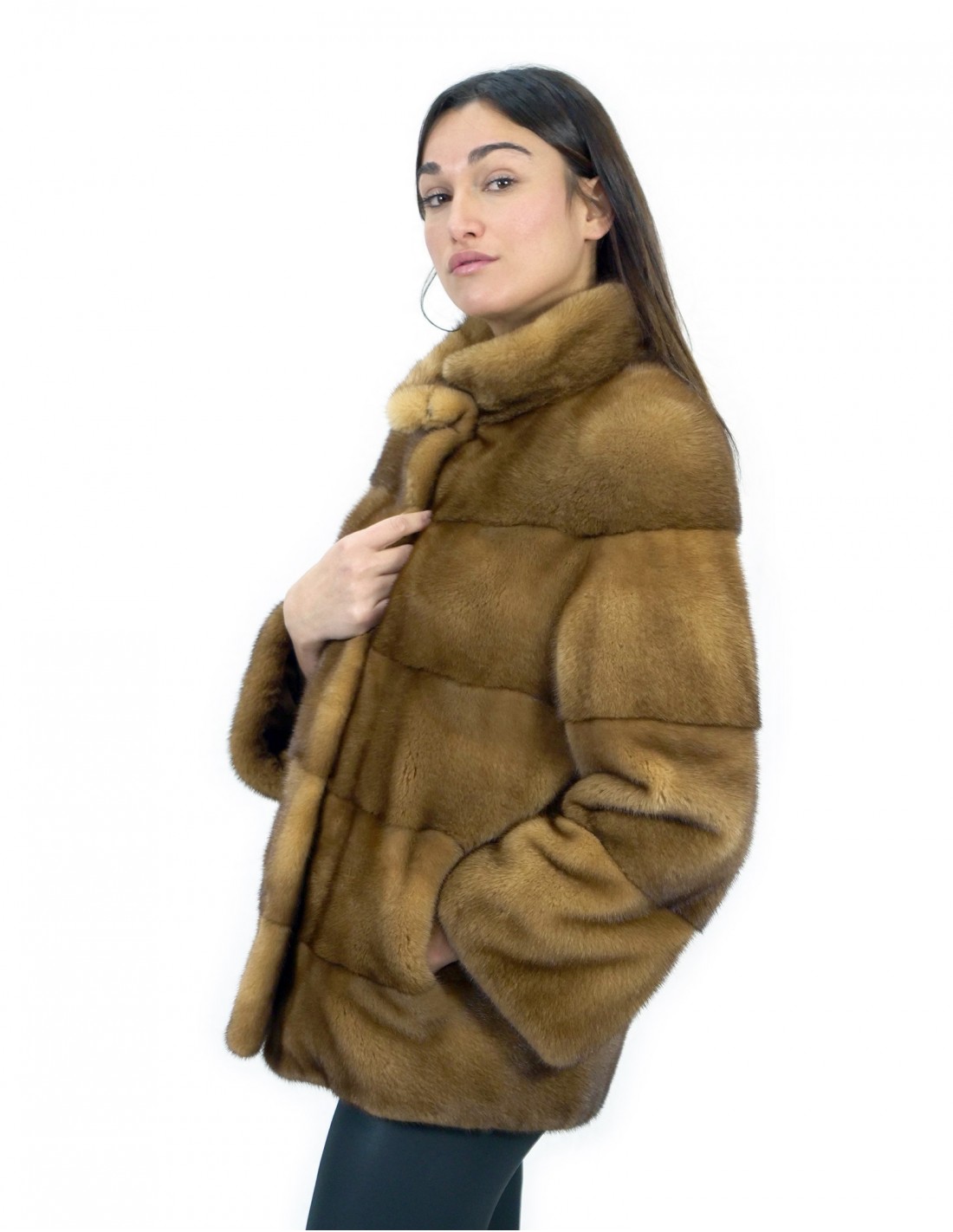 Jacket size 42 long 70 cm golden fur mink horizontal hood sleeve 3/4 - Image 3