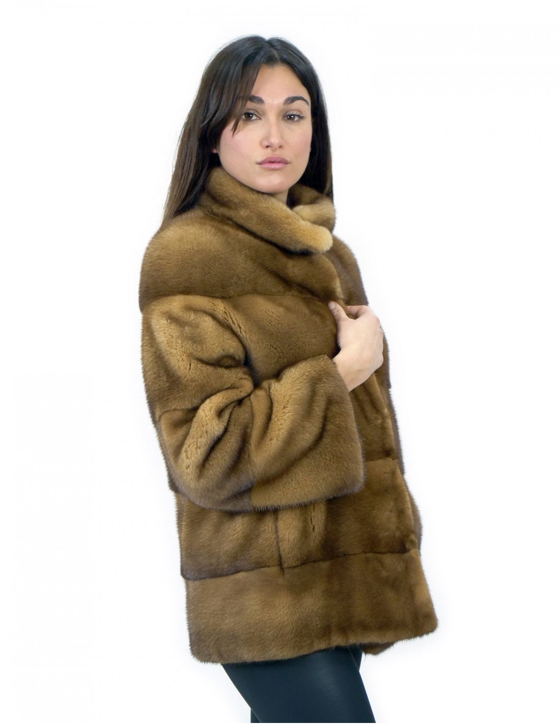 Jacket size 42 long 70 cm golden fur mink horizontal hood sleeve 3/4 - Image 4