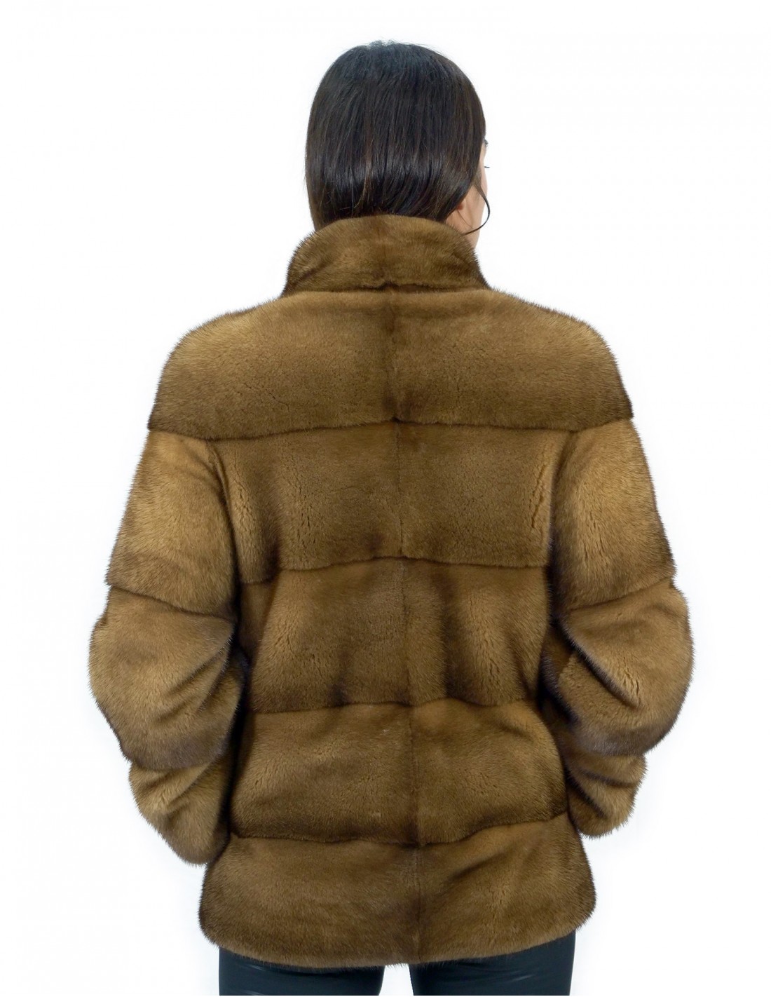 Jacket size 42 long 70 cm golden fur mink horizontal hood sleeve 3/4 - Image 6