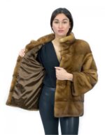 Jacket size 42 long 70 cm golden fur mink horizontal hood sleeve 3/4 - Image 7