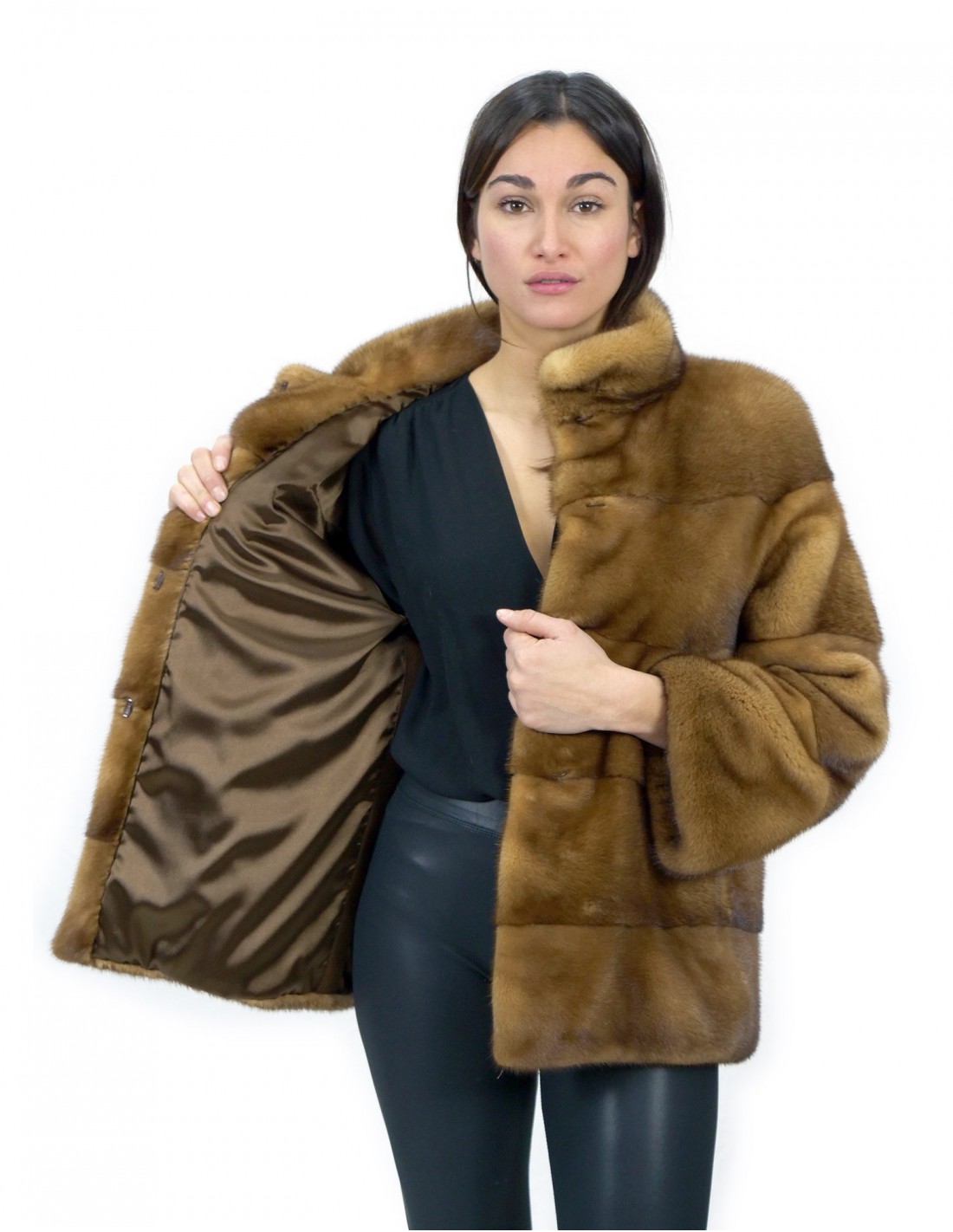 Jacket size 42 long 70 cm golden fur mink horizontal hood sleeve 3/4 - Image 7