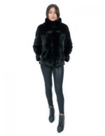 Kurze Jacke aus schwarzem horizontalem Nerzfell 42 Ärmel 3/4 Pistazienkragen Außentaschen – Bild 5