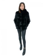 Giacca cappuccio visone orizzontale nero 46 coulisse fondo manica lunga chiusura ganci e tasche