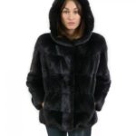 Giacca cappuccio visone orizzontale nero 46 coulisse fondo manica lunga chiusura ganci e tasche