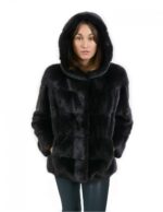 Giacca cappuccio visone orizzontale nero 46 coulisse fondo manica lunga chiusura ganci e tasche