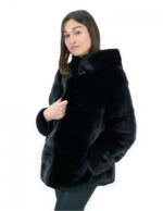 Giacca cappuccio visone orizzontale nero 46 coulisse fondo manica lunga chiusura ganci e tasche