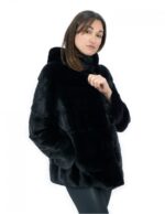 Giacca cappuccio visone orizzontale nero 46 coulisse fondo manica lunga chiusura ganci e tasche