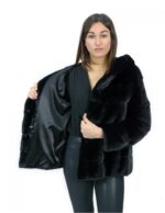 Giacca cappuccio visone orizzontale nero 46 coulisse fondo manica lunga chiusura ganci e tasche