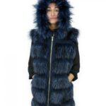 Gilet in pelliccia di volpe 50 e pelle colore blu chiusura zip e cappuccio in pelliccia esterna