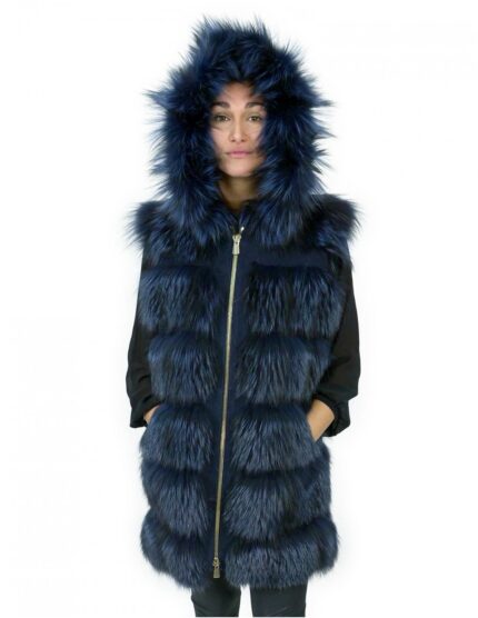 Gilet in pelliccia di volpe 50 e pelle colore blu chiusura zip e cappuccio in pelliccia esterna