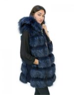 Fox fur vest 50 and blue leather zip closure and outer fur hood - Image 4