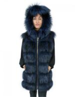 Gilet in pelliccia di volpe 50 e pelle colore blu chiusura zip e cappuccio in pelle con bordo in pelliccia