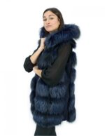 Gilet in pelliccia di volpe 50 e pelle colore blu chiusura zip e cappuccio in pelle con bordo in pelliccia