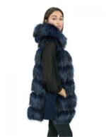 Gilet in pelliccia di volpe 50 e pelle colore blu chiusura zip e cappuccio in pelle con bordo in pelliccia