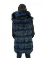 Gilet in pelliccia di volpe 50 e pelle colore blu chiusura zip e cappuccio in pelle con bordo in pelliccia