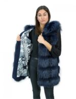 Gilet in pelliccia di volpe 50 e pelle colore blu chiusura zip e cappuccio in pelle con bordo in pelliccia