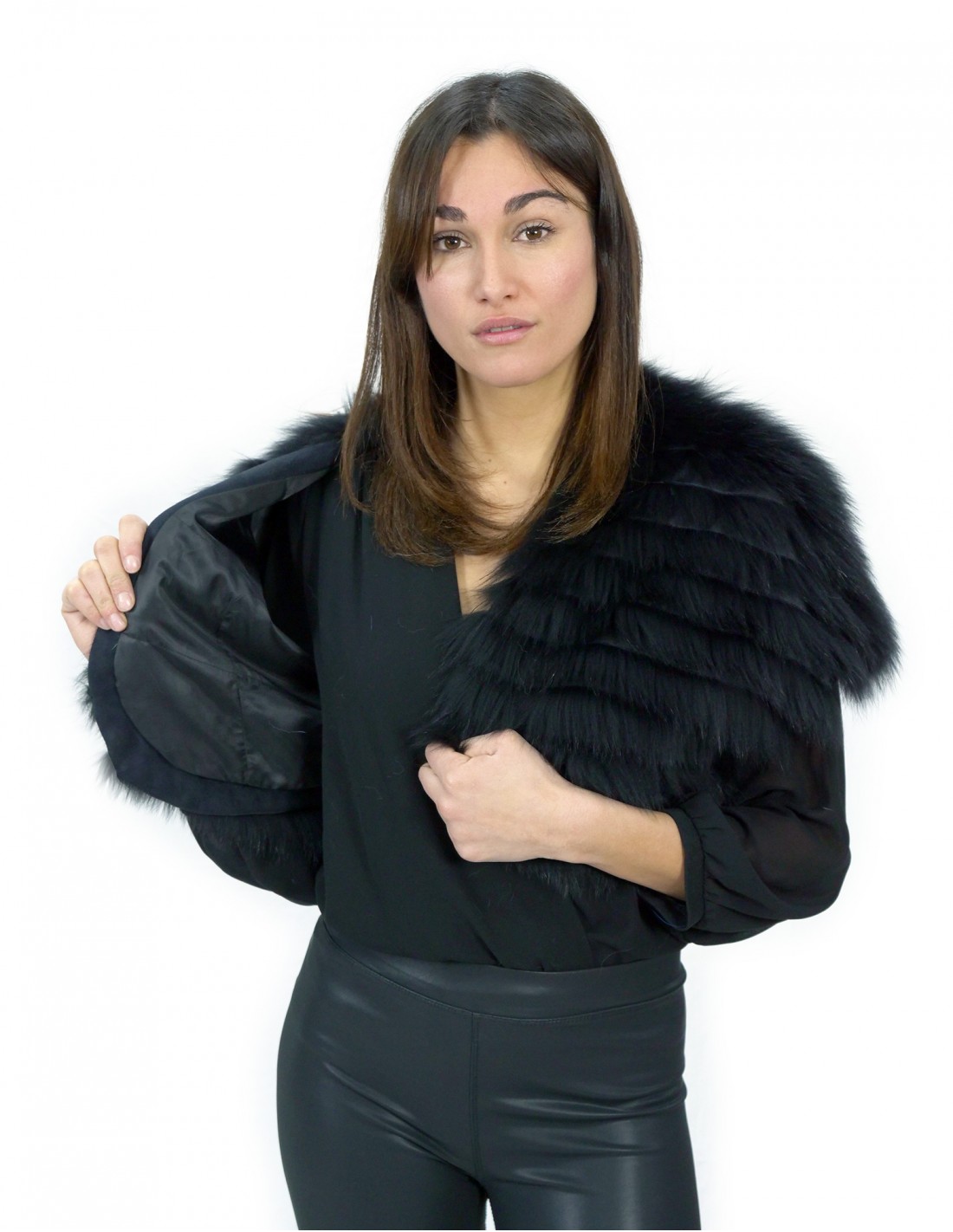 Schwarzes Lapinfell Cape Größe 46 in horizontaler Verarbeitung 40 cm hoch – Bild 6