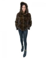 Giacca corta in pelliccia scanbrown di visone orizzontale 46 manica lunga cappuccio tasche esterne