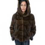 Giacca corta in pelliccia scanbrown di visone orizzontale 46 manica lunga cappuccio tasche esterne