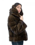 Giacca corta in pelliccia scanbrown di visone orizzontale 46 manica lunga cappuccio tasche esterne