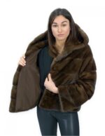 Giacca corta in pelliccia scanbrown di visone orizzontale 46 manica lunga cappuccio tasche esterne