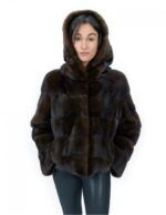 Short jacket in horizontal mink mahogany fur 46 sleeves long hood external pockets
