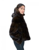 Short jacket in horizontal mink mahogany fur 46 sleeves long hood external pockets - Image 4