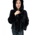 Giacca corta in pelliccia nero di visone orizzontale 44 manica lunga cappuccio tasche esterne