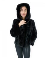 Giacca corta in pelliccia nero di visone orizzontale 44 manica lunga cappuccio tasche esterne