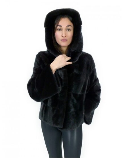 Giacca corta in pelliccia nero di visone orizzontale 44 manica lunga cappuccio tasche esterne