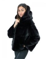 Giacca corta in pelliccia nero di visone orizzontale 44 manica lunga cappuccio tasche esterne