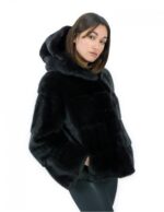 Giacca corta in pelliccia nero di visone orizzontale 44 manica lunga cappuccio tasche esterne