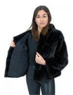 Giacca corta in pelliccia nero di visone orizzontale 44 manica lunga cappuccio tasche esterne