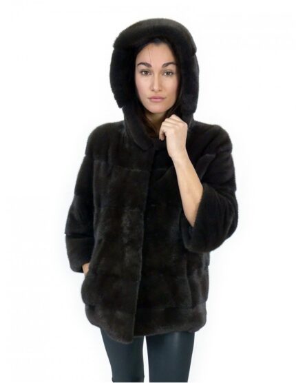 Giacca cappuccio visone orizzontale aurora 44 manica 3/4 chiusura ganci e tasche
