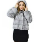 46 Giacca pelliccia visone orizzontale zaffiro cappuccio 58 cm fourrure de vison