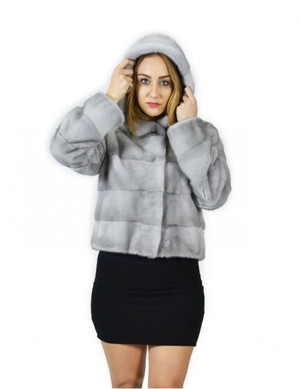 46 Giacca pelliccia visone orizzontale zaffiro cappuccio 58 cm fourrure de vison