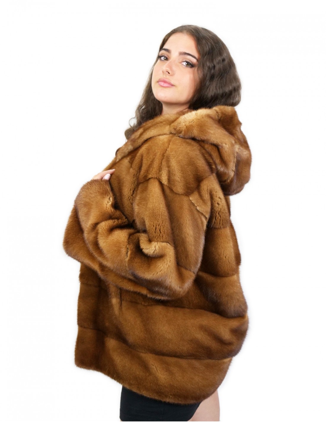 Damen horizontale goldene Nerzjacke Größe 44 mit Kapuze – Bild 3