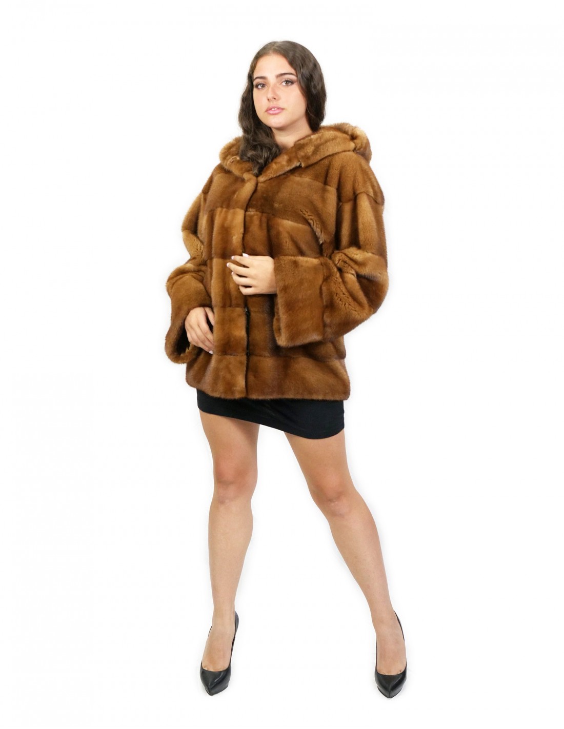 Damen horizontale goldene Nerzjacke Größe 44 mit Kapuze – Bild 5