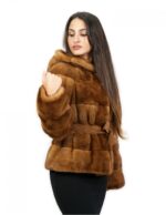 Jacke 50 Mink horizontale Kapuze Wildledergürtel Außentaschen – Bild 3