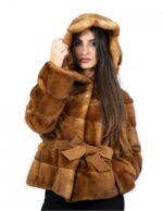 Giacca 50 visone orizzontale cappuccio cintura scamosciata tasche esterne