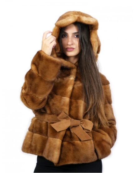 Giacca 50 visone orizzontale cappuccio cintura scamosciata tasche esterne