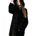 Cappotto pelle intera visone nero 48 con cappuccio lungo ben 100cm e tasche esterne