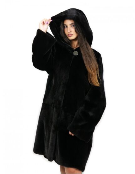 Cappotto pelle intera visone nero 48 con cappuccio lungo ben 100cm e tasche esterne