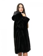 Черная норка полное кожаное пальто 48 с капюшоном длиной 100 см и внешними карманами — изображение 3