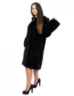 Черная норка полное кожаное пальто 48 с капюшоном длиной 100 см и внешними карманами — изображение 4