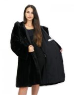 Черная норка полное кожаное пальто 48 с капюшоном длиной 100 см и внешними карманами — изображение 7