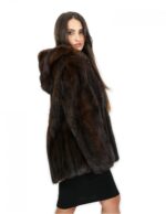 Jacke horizontales Fell Mahagoni Kapuze Nerz 46 lange Ärmel Außentaschen Verschlusshaken – Bild 3