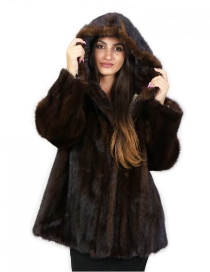 Giacca pelliccia orizzontale mogano cappuccio visone 46 manica lunga tasche esterne chiusura ganci